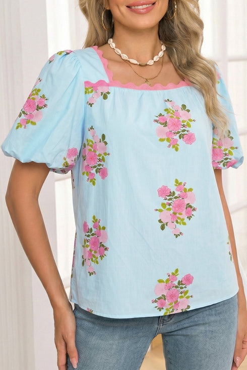 Floral Print Rick Rack Trim Bubble Sleeve Blouse