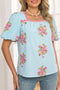 Floral Print Rick Rack Trim Bubble Sleeve Blouse