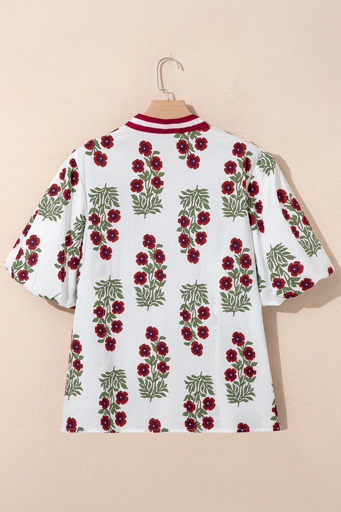Floral Print Rick Rack Trim Short Sleeve Cotton Blouse