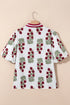 Floral Print Rick Rack Trim Short Sleeve Cotton Blouse