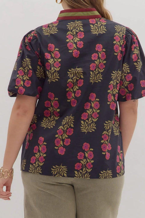 Floral Print Rick Rack Trim Short Sleeve Cotton Blouse