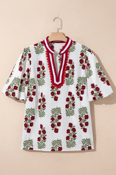 Floral Print Rick Rack Trim Short Sleeve Cotton Blouse