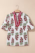 Floral Print Rick Rack Trim Short Sleeve Cotton Blouse