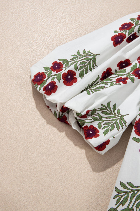 Floral Print Rick Rack Trim Short Sleeve Cotton Blouse
