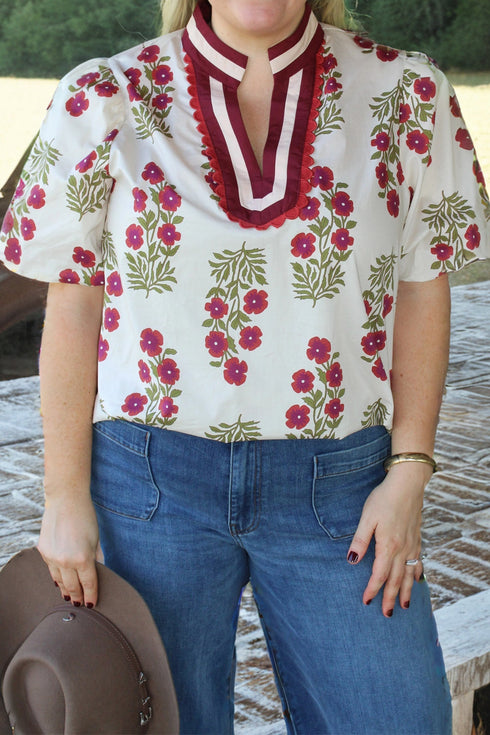 Floral Print Rick Rack Trim Short Sleeve Cotton Blouse