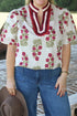 Floral Print Rick Rack Trim Short Sleeve Cotton Blouse