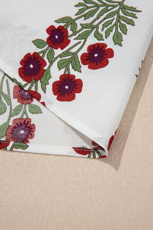 Floral Print Rick Rack Trim Short Sleeve Cotton Blouse