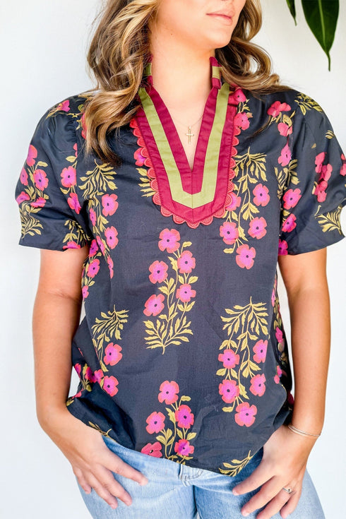 Floral Print Rick Rack Trim Short Sleeve Cotton Blouse