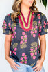 Floral Print Rick Rack Trim Short Sleeve Cotton Blouse