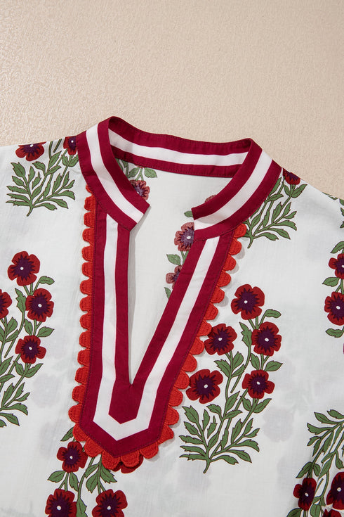 Floral Print Rick Rack Trim Short Sleeve Cotton Blouse