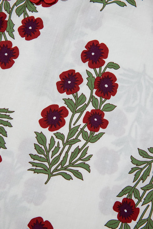 Floral Print Rick Rack Trim Short Sleeve Cotton Blouse