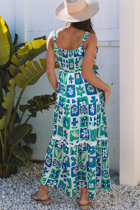 Floral Print Rick Rack Trim Southern Belle Maxi Dress