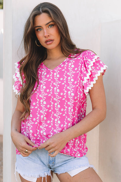 Floral Print Rick Rack Trim Tiered Ruffled V Neck Blouse