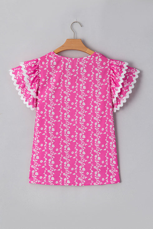Floral Print Rick Rack Trim Tiered Ruffled V Neck Blouse