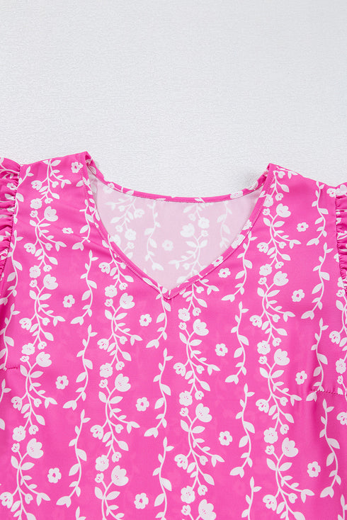 Floral Print Rick Rack Trim Tiered Ruffled V Neck Blouse