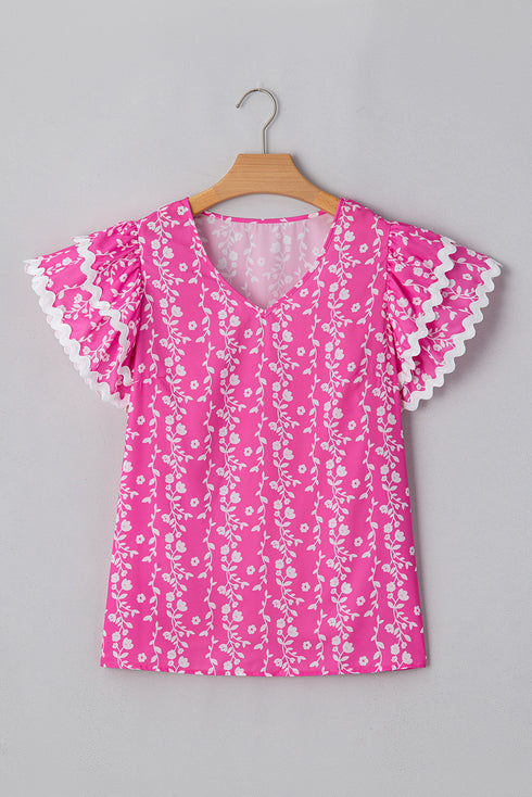 Floral Print Rick Rack Trim Tiered Ruffled V Neck Blouse