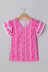 Floral Print Rick Rack Trim Tiered Ruffled V Neck Blouse