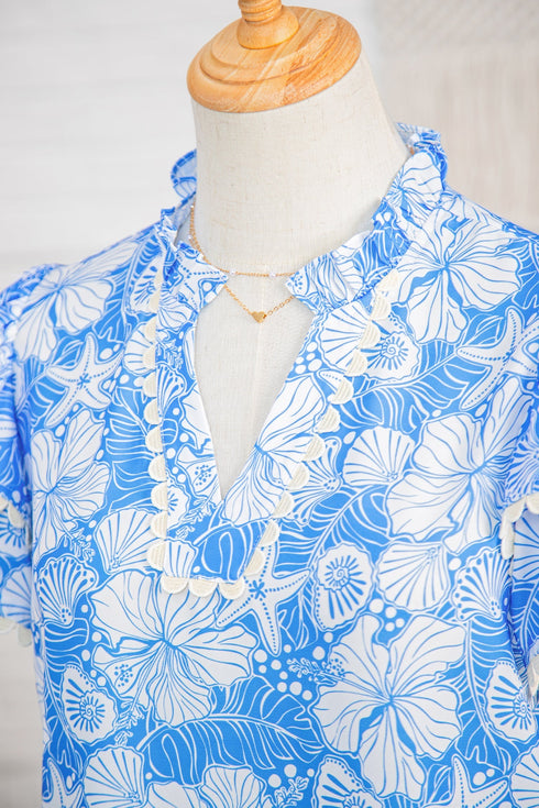 Floral Print Rick Rack V Neck Short Sleeve Blouse