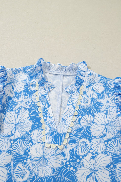 Floral Print Rick Rack V Neck Short Sleeve Blouse