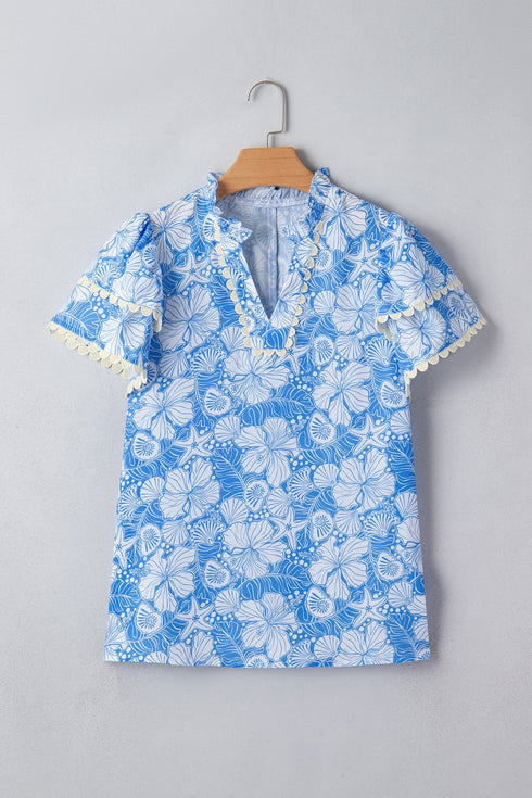 Floral Print Rick Rack V Neck Short Sleeve Blouse