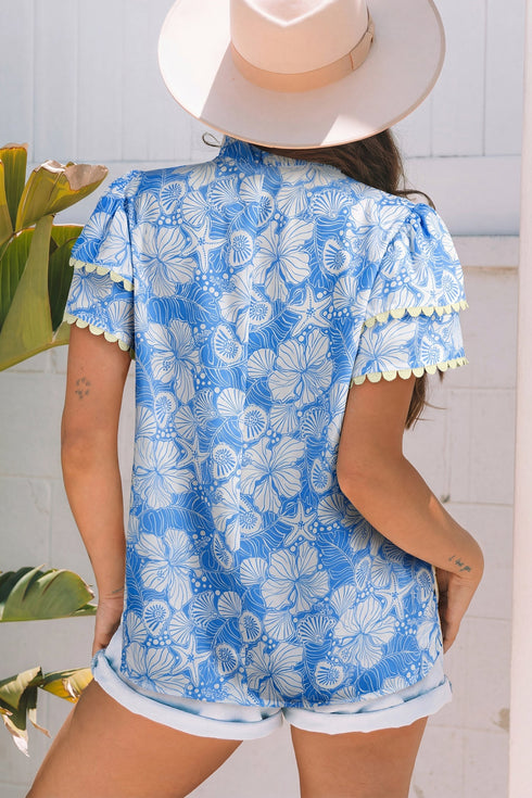 Floral Print Rick Rack V Neck Short Sleeve Blouse