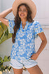 Floral Print Rick Rack V Neck Short Sleeve Blouse