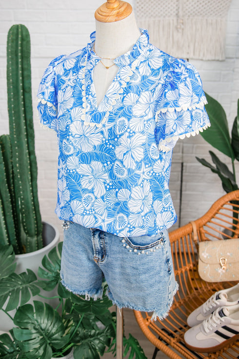 Floral Print Rick Rack V Neck Short Sleeve Blouse