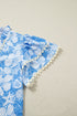 Floral Print Rick Rack V Neck Short Sleeve Blouse