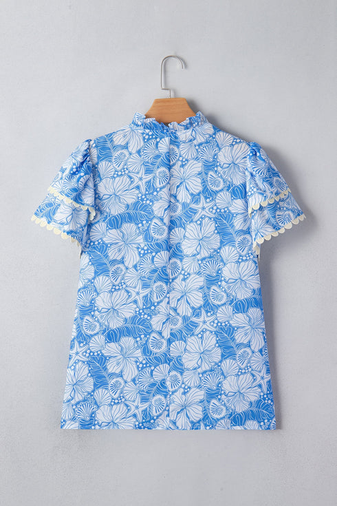 Floral Print Rick Rack V Neck Short Sleeve Blouse