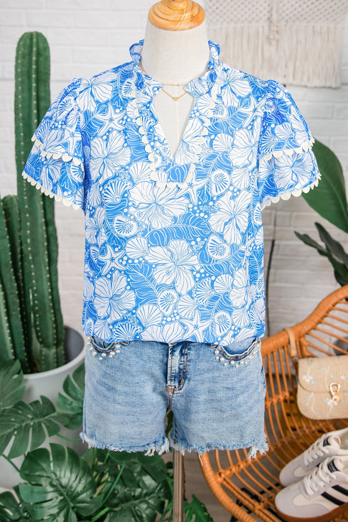Floral Print Rick Rack V Neck Short Sleeve Blouse