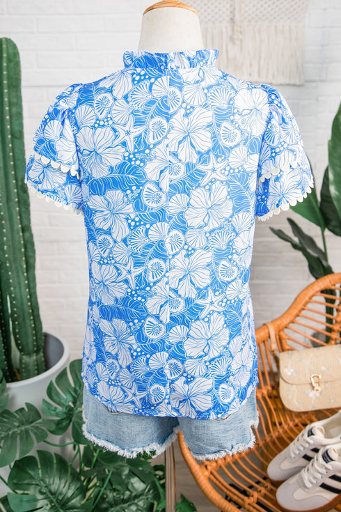 Floral Print Rick Rack V Neck Short Sleeve Blouse