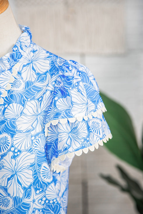 Floral Print Rick Rack V Neck Short Sleeve Blouse