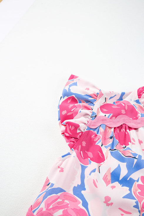 Floral Print Rickrack Trim Tiered Mini Dress