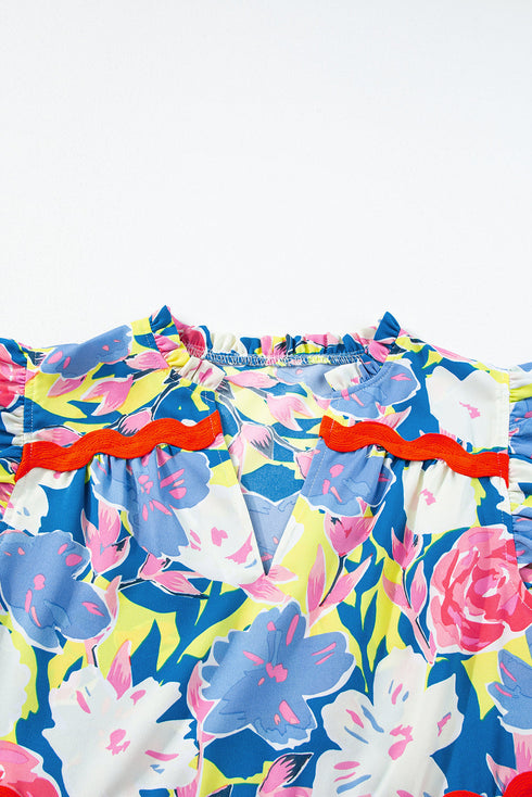 Floral Print Rickrack Trim Tiered Mini Dress