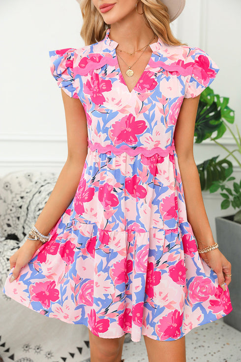 Floral Print Rickrack Trim Tiered Mini Dress