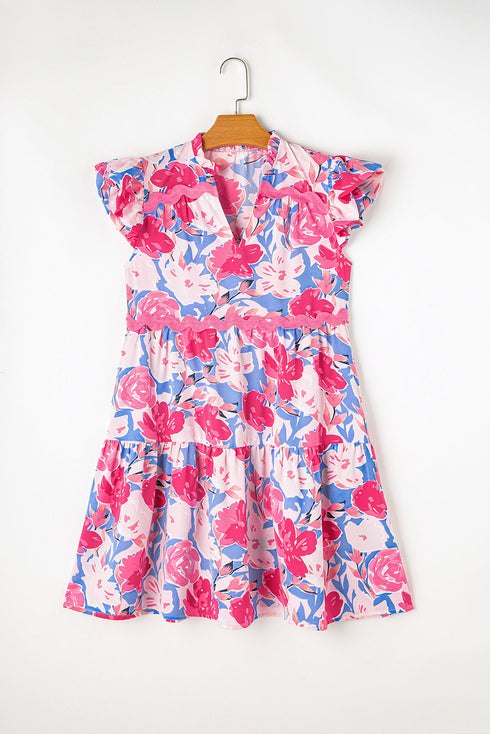 Floral Print Rickrack Trim Tiered Mini Dress