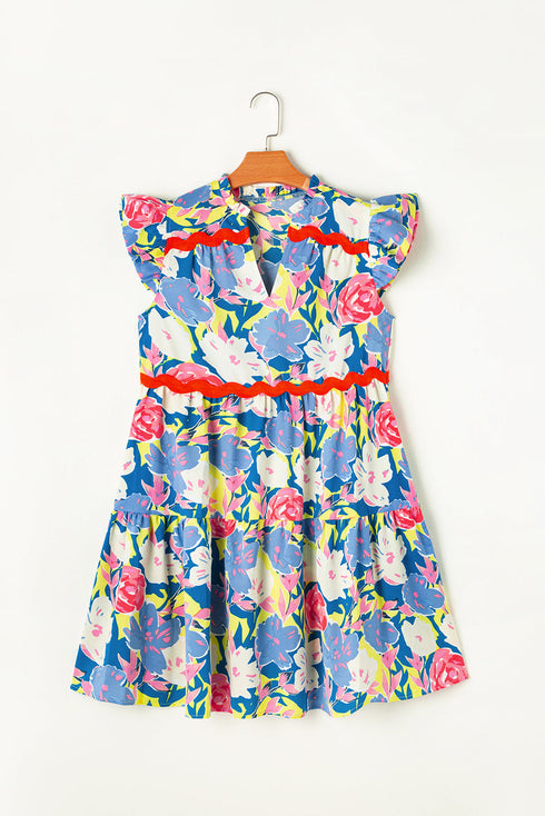 Floral Print Rickrack Trim Tiered Mini Dress