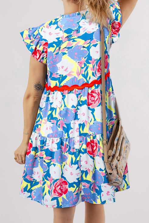 Floral Print Rickrack Trim Tiered Mini Dress