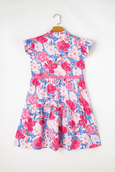 Floral Print Rickrack Trim Tiered Mini Dress
