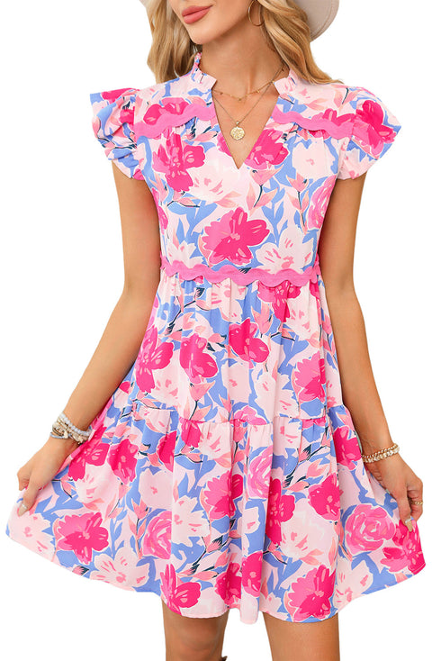 Floral Print Rickrack Trim Tiered Mini Dress