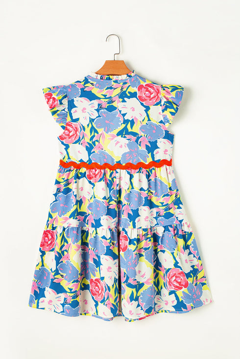 Floral Print Rickrack Trim Tiered Mini Dress