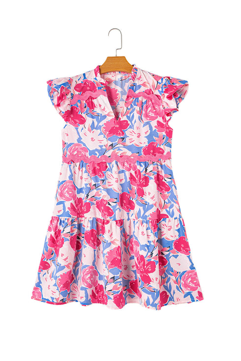 Floral Print Rickrack Trim Tiered Mini Dress