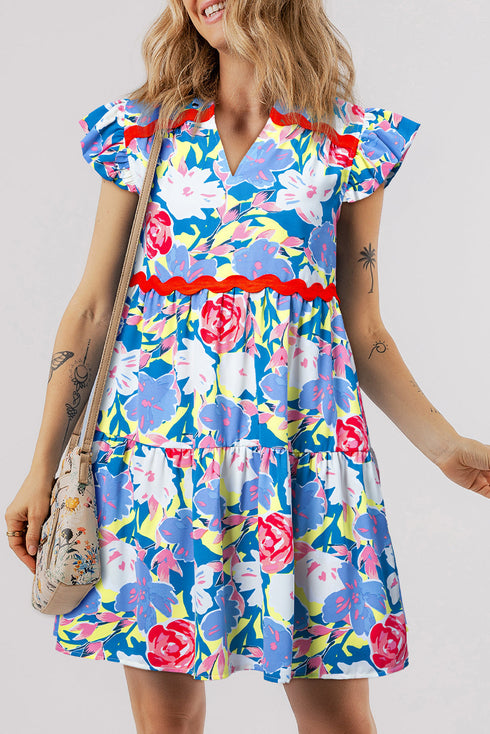 Floral Print Rickrack Trim Tiered Mini Dress