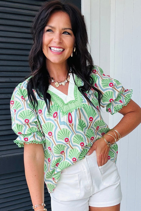 Floral Print Ricrac Trim Bubble Sleeve V Neck Blouse