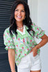 Floral Print Ricrac Trim Bubble Sleeve V Neck Blouse