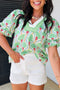 Floral Print Ricrac Trim Bubble Sleeve V Neck Blouse