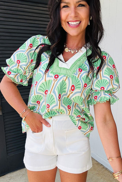 Floral Print Ricrac Trim Bubble Sleeve V Neck Blouse