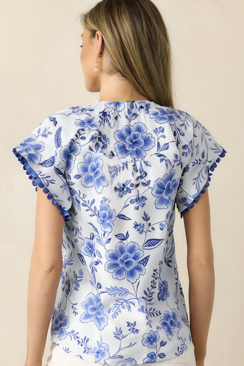 Floral Print Ricrac Trim Flutter Sleeve Blouse