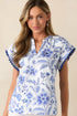 Floral Print Ricrac Trim Flutter Sleeve Blouse
