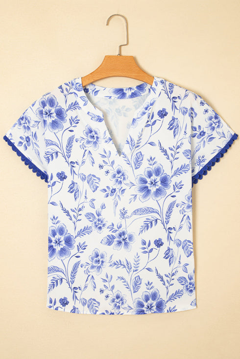 Floral Print Ricrac Trim Flutter Sleeve Blouse